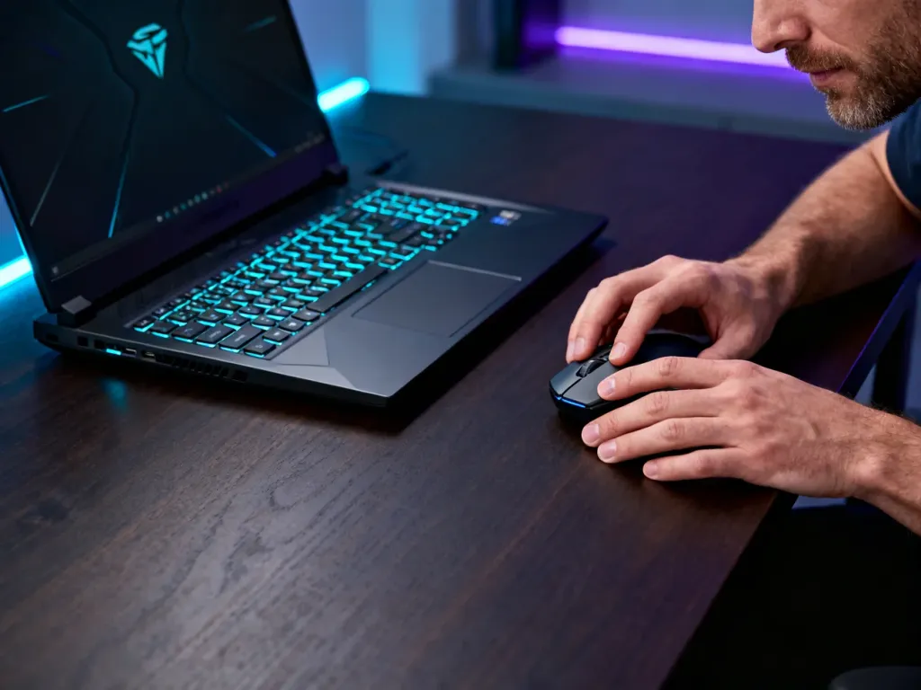 Nowoczesny laptop gamingowy HP Victus 16 z podświetlaną klawiaturą na biurku w pokoju gracza z nastrojowym oświetleniem.