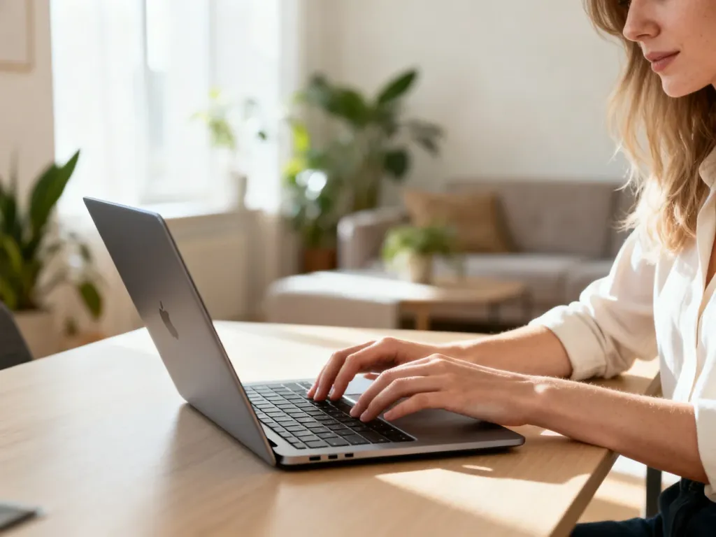 Otwarty MacBook Air M3 na drewnianym biurku w jasnym, słonecznym domowym biurze podczas pracy.
