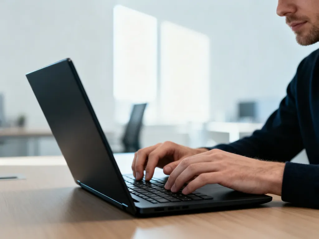 Elegancki laptop Lenovo ThinkPad X1 Carbon na drewnianym biurku podczas pracy w nowoczesnym, jasnym biurze.