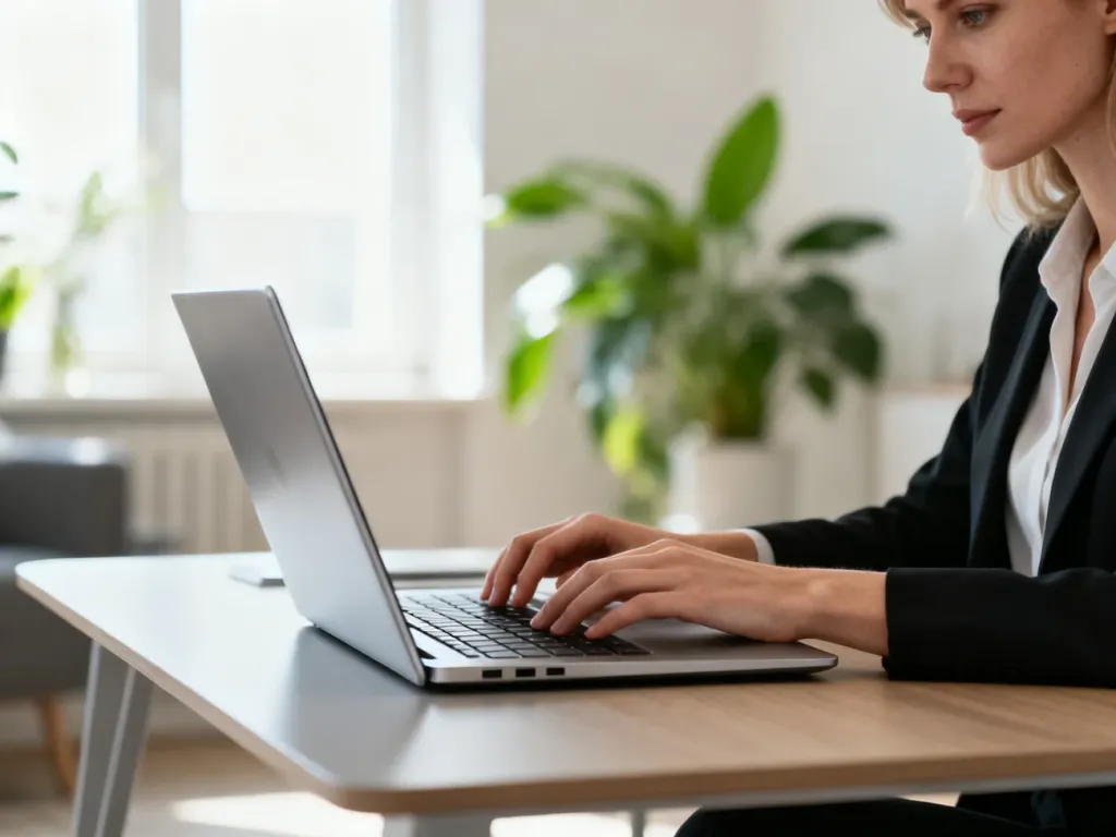 Srebrny laptop LG Gram na minimalistycznym biurku, przy którym kobieta pracuje w jasnym, nowoczesnym domowym biurze.