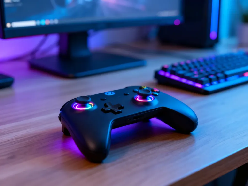 Czarna konsola przenośna Asus ROG Ally X z podświetlanymi joystickami, spoczywająca na drewnianym biurku.