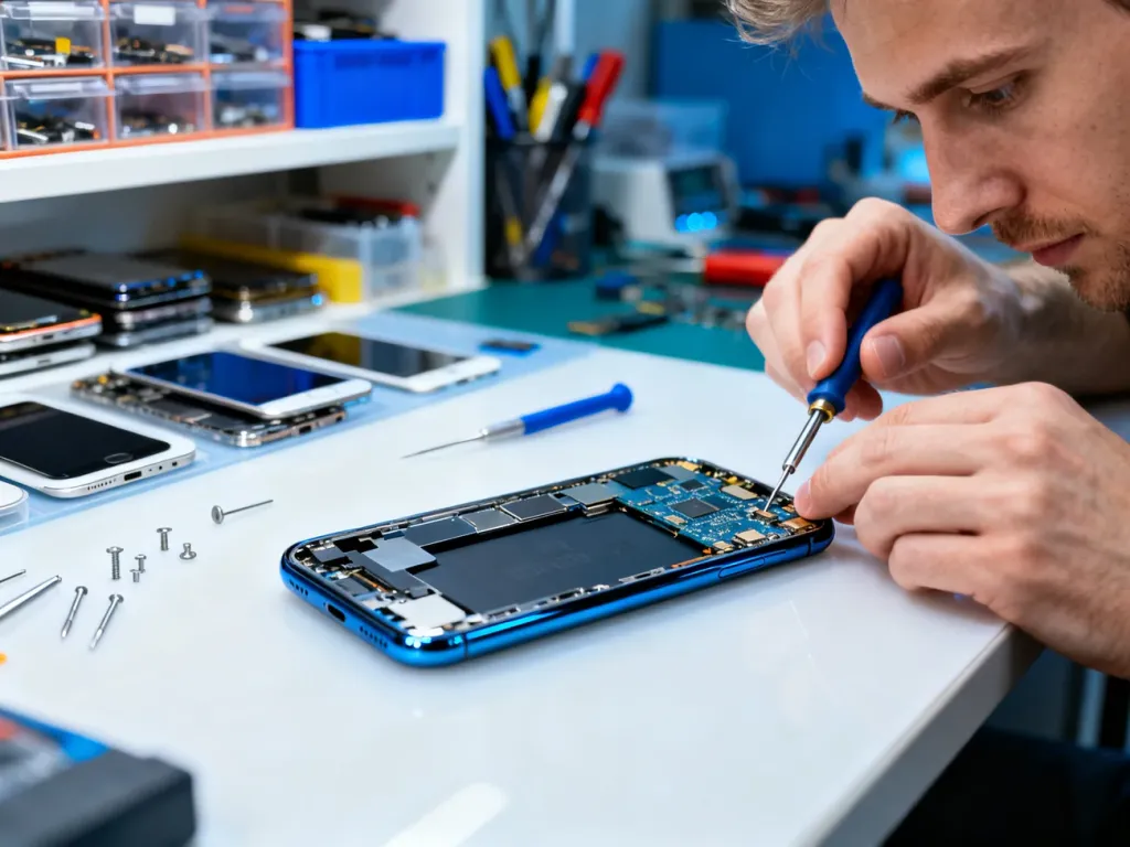 Serwisant naprawia rozebrany smartfon na biurku warsztatu, obok leżą uporządkowane części i narzędzia do naprawy.