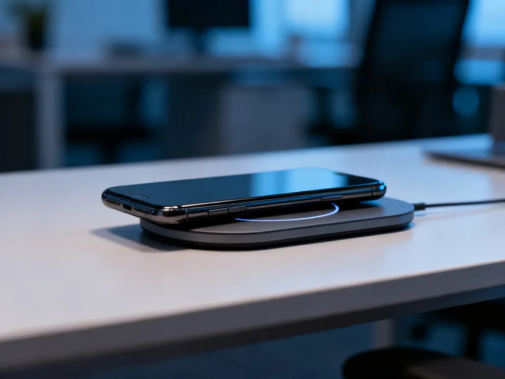 Smartfon położony nieprawidłowo na ładowarce indukcyjnej, co uniemożliwia rozpoczęcie procesu ładowania.