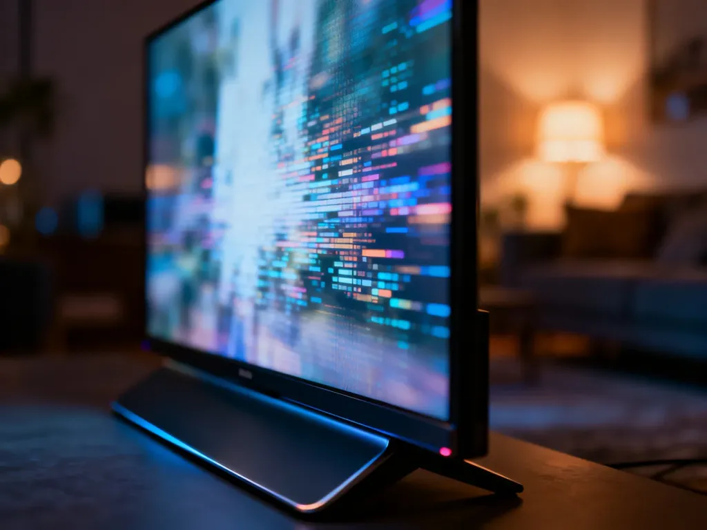 Ekran nowoczesnego telewizora, na którym rozmyty obraz staje się wyraźny i ostry.