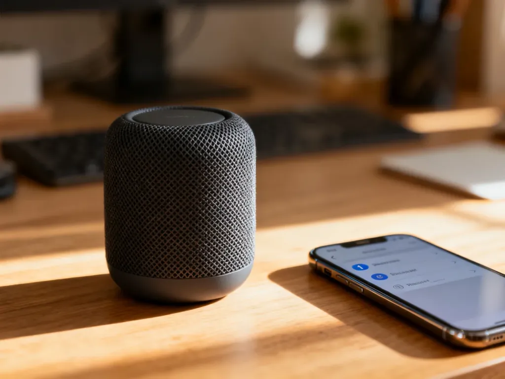 Bezprzewodowy głośnik i smartfon z otwartym menu ustawień na drewnianym biurku, gotowe do procesu parowania Bluetooth.