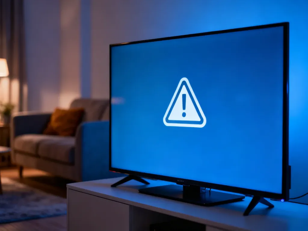 Ikona błędu na ekranie nowoczesnego telewizora w przytulnym salonie, sygnalizująca problem z instalacją aplikacji.