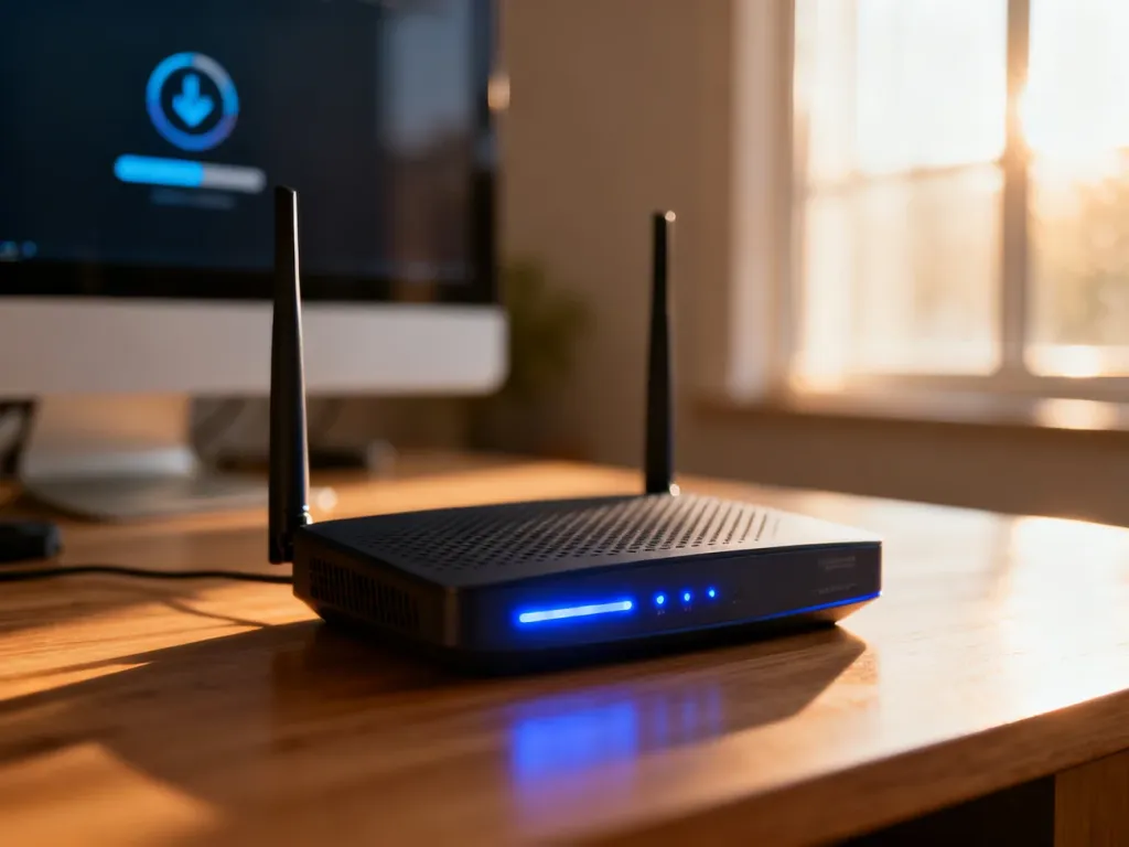 Nowoczesny router Wi-Fi na biurku z rozmytym symbolem ładowania na monitorze w tle, ilustrujący problemy z połączeniem.