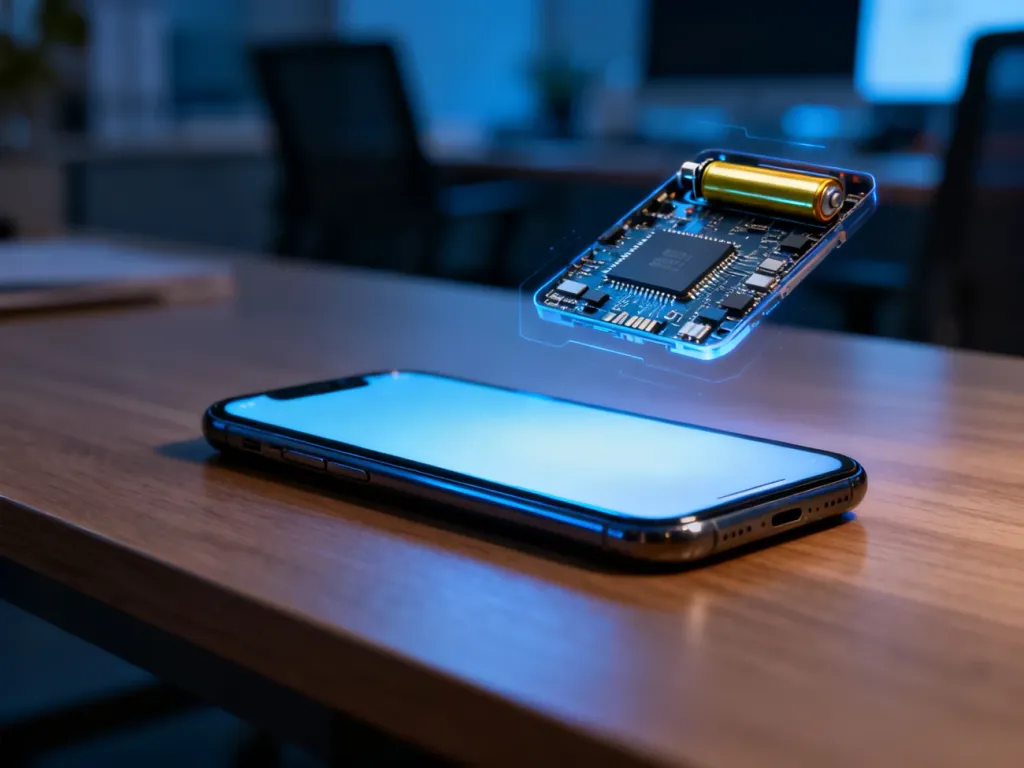 Nowoczesny smartfon na biurku z widocznymi elementami wewnętrznymi, ilustrujący przyczyny awarii technicznych telefonu.