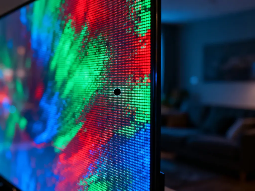 Zbliżenie na ekran telewizora 4K z wyraźnie widocznym czarnym martwym pikselem na tle kolorowej matrycy.