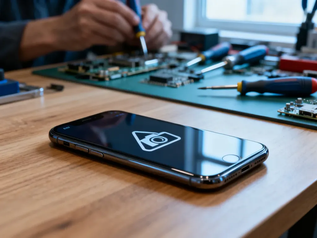 Nowoczesny smartfon z błędem aparatu na ekranie, leżący na biurku w serwisie elektroniki.