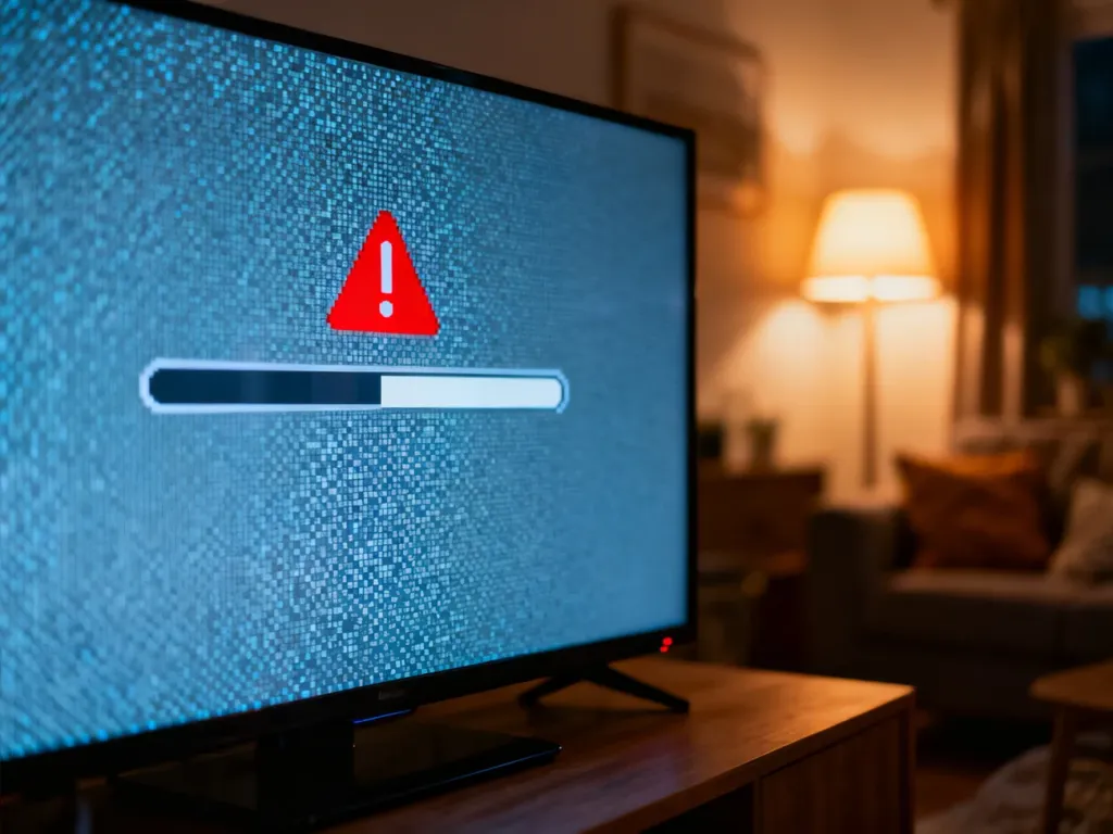 Ekran telewizora z zawieszonym paskiem postępu i czerwoną ikoną błędu, sygnalizujący nieudaną aktualizację oprogramowania.