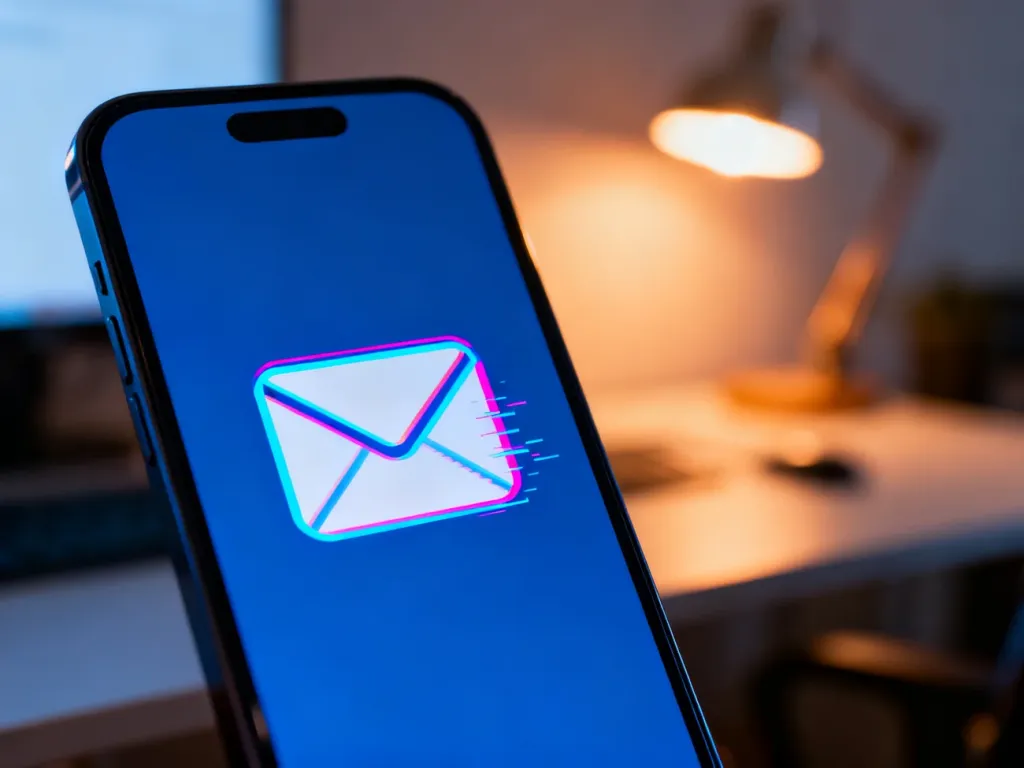 Ikona powiadomienia o nowej wiadomości e-mail na ekranie smartfona w domowym biurze.