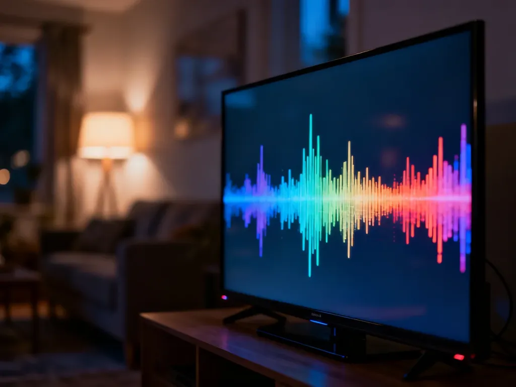 Nowoczesny telewizor w przytulnym salonie z wizualizacją fal dźwiękowych na ekranie, obrazującą wahania głośności.