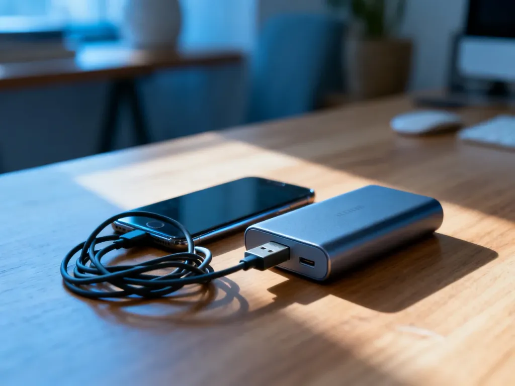 Nowoczesny powerbank podłączony kablem USB do smartfona na drewnianym biurku, ilustrujący proces ładowania urządzenia.