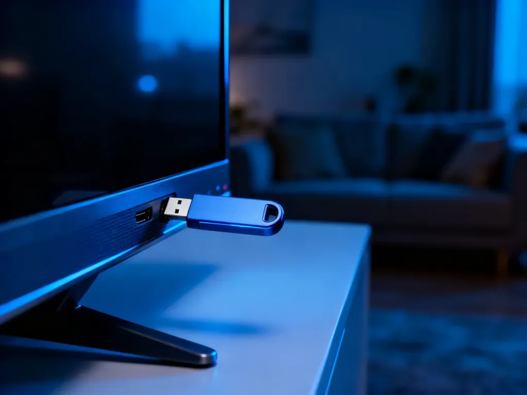 Pendrive częściowo włożony do portu USB w nowoczesnym telewizorze w przyciemnionym salonie.