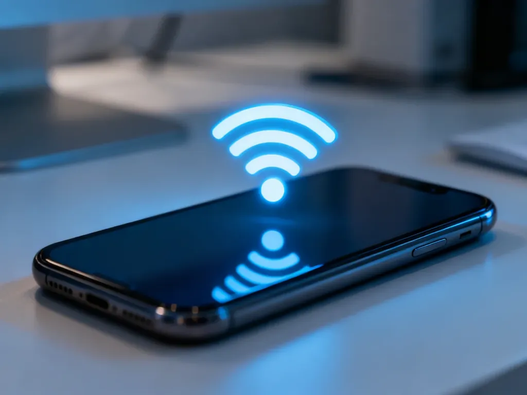 Nowoczesny smartfon z ikoną sygnału Wi-Fi, ilustrujący problemy z udostępnianiem połączenia internetowego.