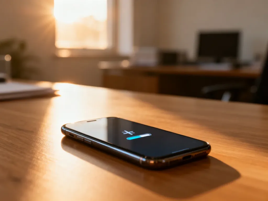 Nowoczesny smartfon z ikoną ładowania na ekranie, leżący na drewnianym biurku w słonecznym biurze.