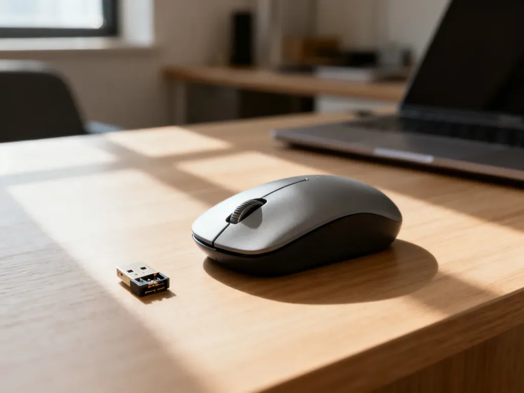 Bezprzewodowa mysz komputerowa i odbiornik USB na drewnianym biurku w domowym biurze.