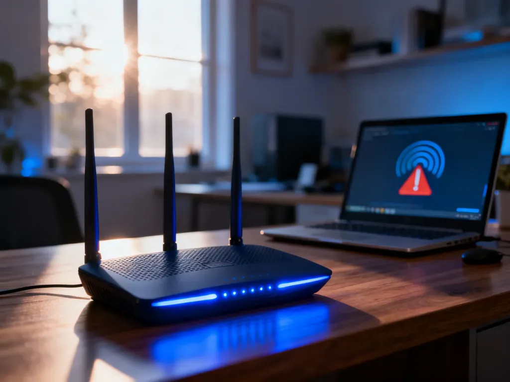 Nowoczesny router na biurku z widocznym w tle błędem sieci na ekranie laptopa, ilustrujący problemy z połączeniem Wi-Fi.