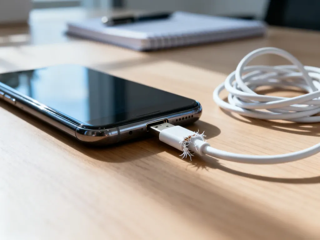 Smartfon podłączony do lekko uszkodzonego kabla USB leżący na drewnianym biurku.