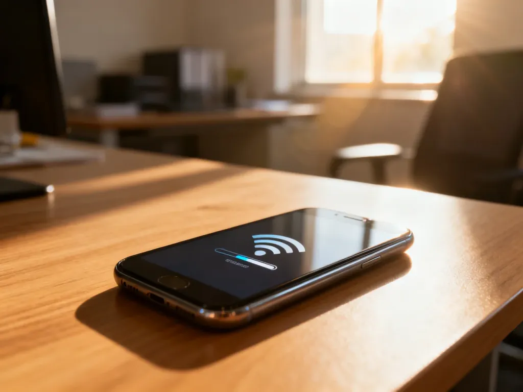 Smartfon na drewnianym biurku z ikoną Wi-Fi i powiadomieniem o ładowaniu, sygnalizujący problemy z połączeniem sieciowym.