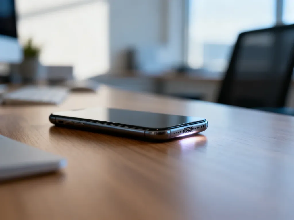 Nowoczesny smartfon na drewnianym biurku z podświetlonym obszarem mikrofonu, wskazującym na przyczynę problemów z dźwiękiem.