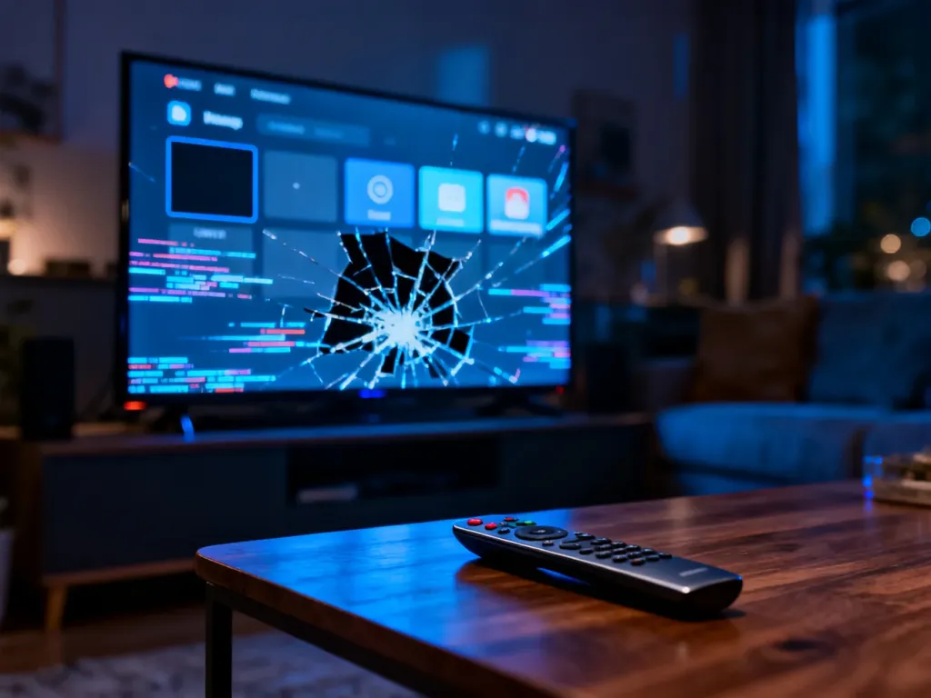Ekran telewizora z brakującymi ikonami aplikacji oraz pilot leżący na stole, ilustrujące problem z dostępem do usług Smart TV.