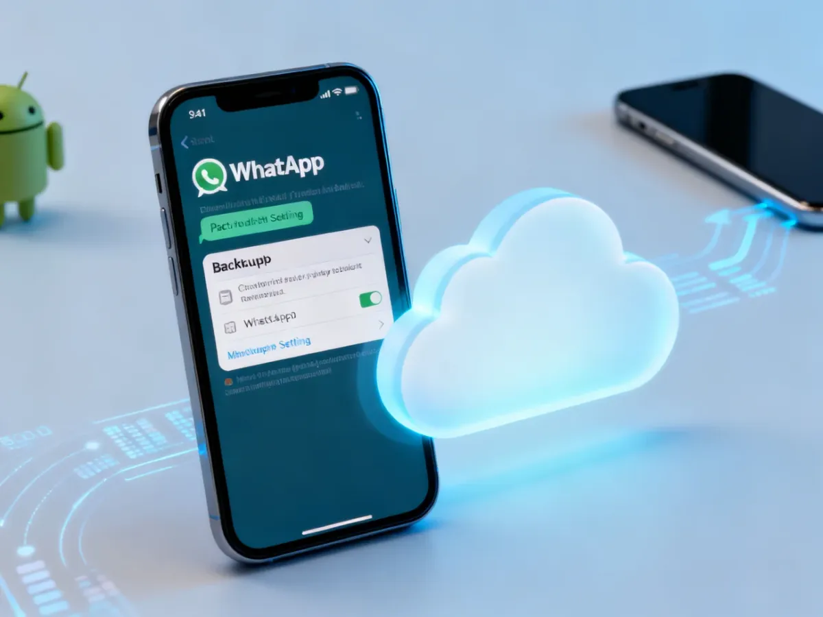 iPhone and Android phone representing WhatsApp cloud backup and data transfer