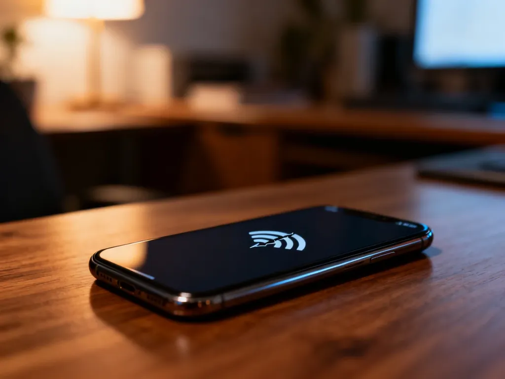 Smartfon leżący na drewnianym biurku z ikoną braku zasięgu na ekranie, symbolizujący problemy z połączeniem internetowym.