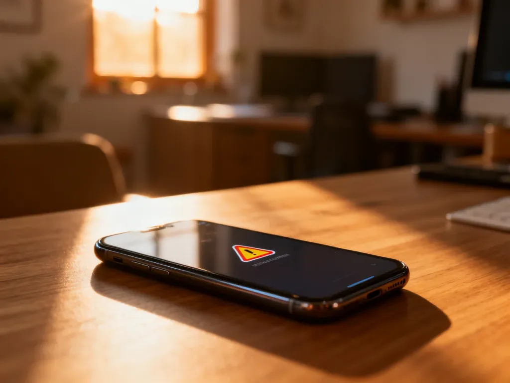 Nowoczesny smartfon z ikoną ostrzeżenia na ekranie leżący na drewnianym biurku, symbolizujący problemy z wysyłaniem wiadomości.