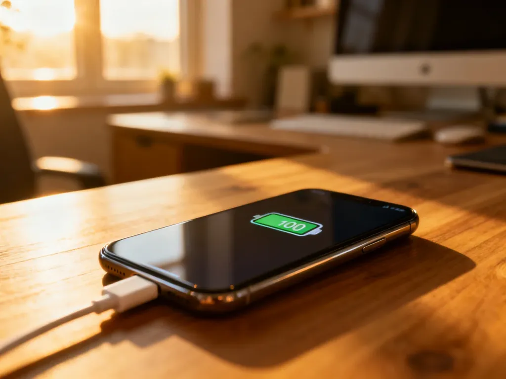 Nowoczesny smartfon podłączony do ładowarki na drewnianym biurku, z ikoną w pełni naładowanej baterii na ekranie.