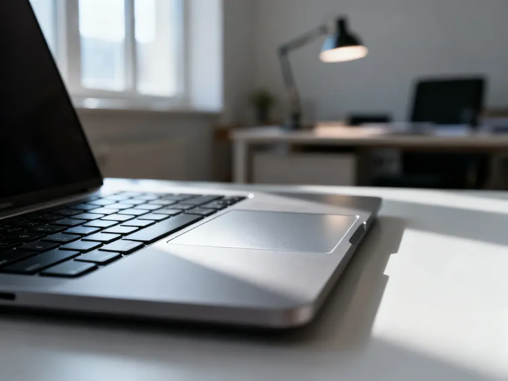 Nowoczesny touchpad w laptopie na biurku, gotowy do pracy w minimalistycznym domowym biurze.