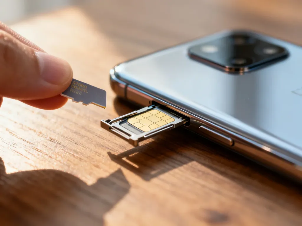 Dłoń wkłada kartę microSD do wysuniętej tacki nowoczesnego smartfona na drewnianym biurku.