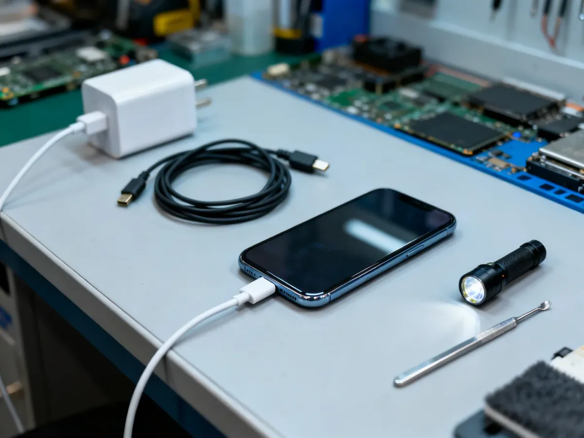 Smartfon podłączony do ładowarki na stanowisku serwisowym z akcesoriami do diagnostyki