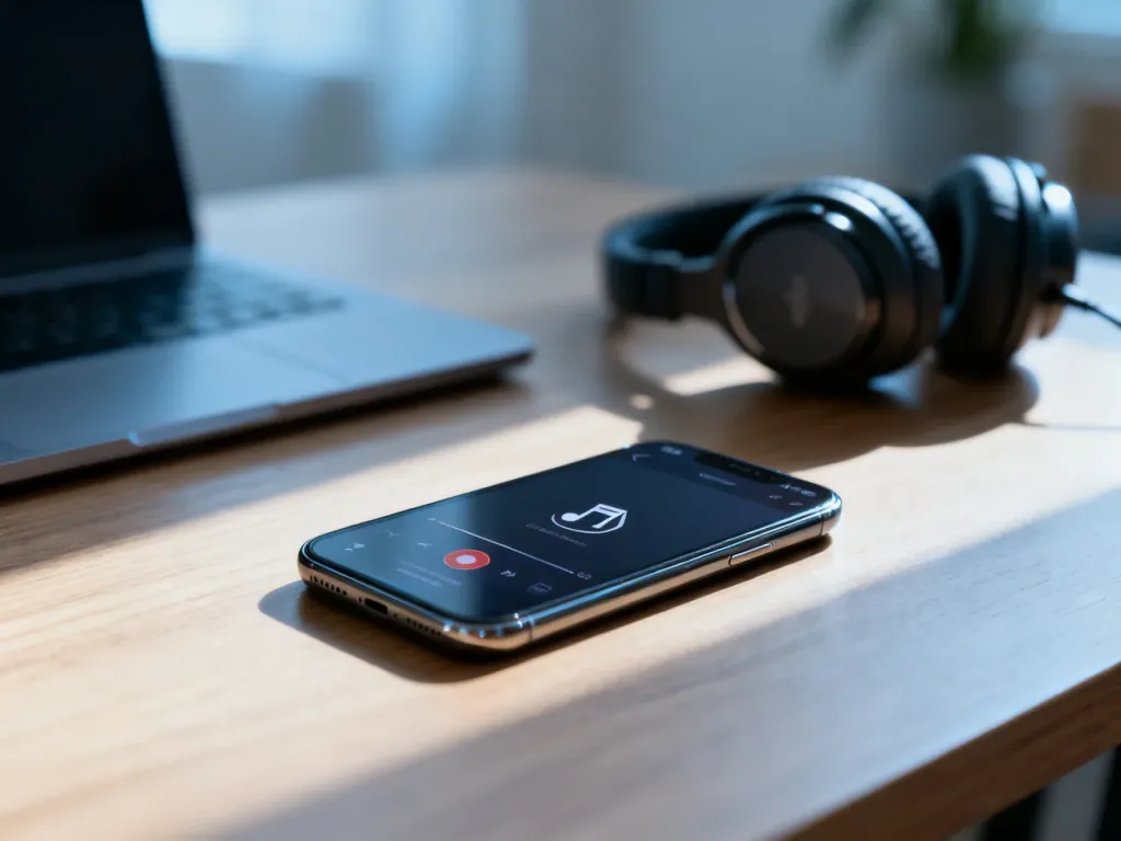 Smartfon z błędem w aplikacji muzycznej na drewnianym biurku, sugerujący problemy z odtwarzaniem utworów w Spotify.