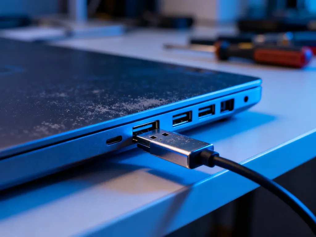 Zbliżenie na porty USB w laptopie z wkładanym wtykiem, ilustrujące problem z połączeniem urządzeń zewnętrznych.