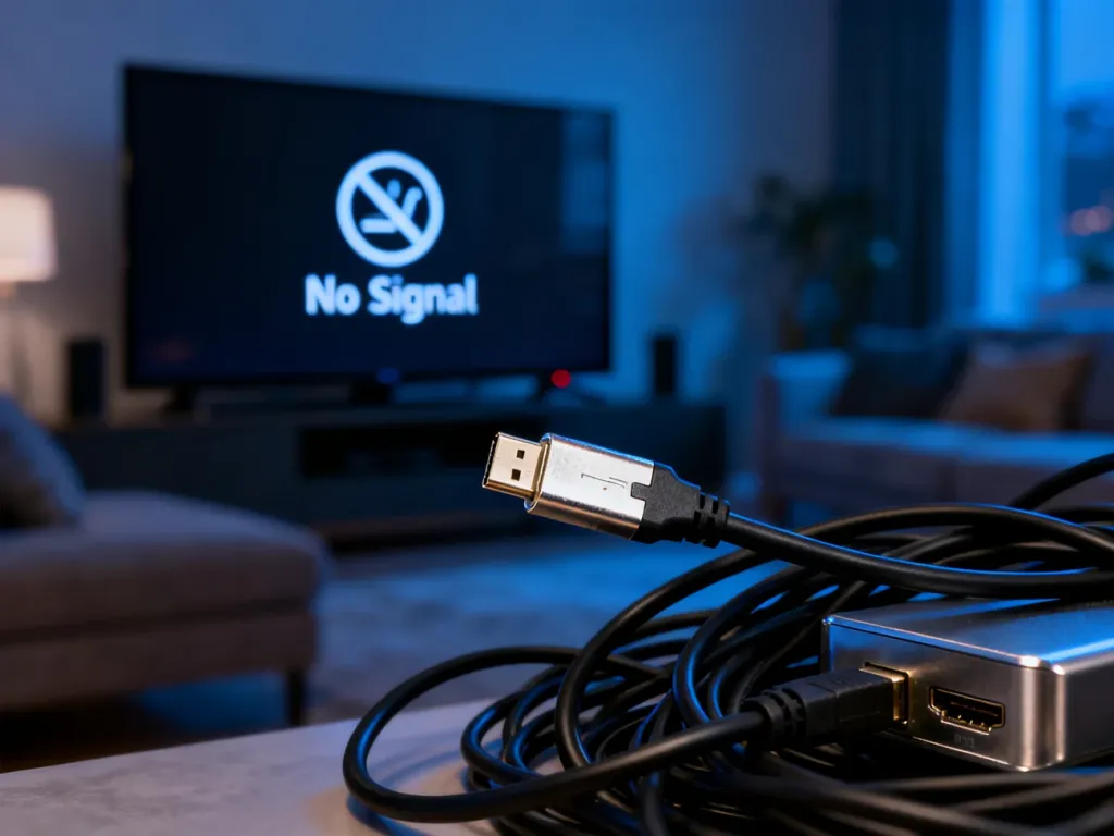 Ekran telewizora z komunikatem o braku sygnału oraz splątane kable HDMI w pobliżu portu połączeniowego.