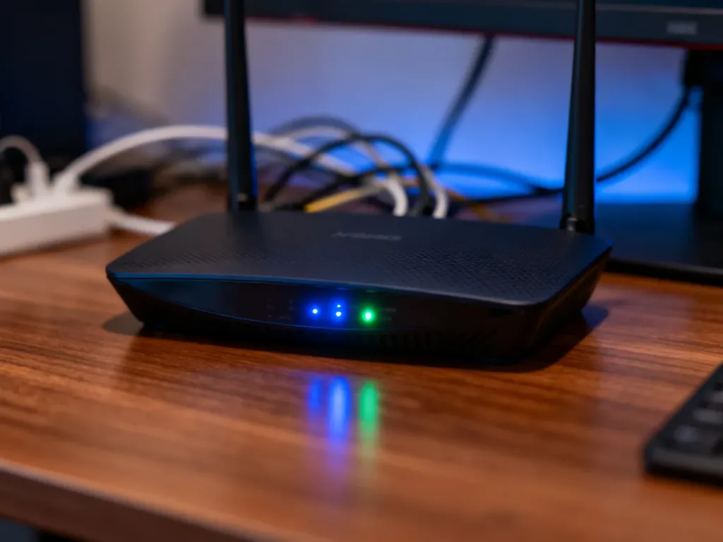 Nowoczesny router z migającymi diodami sygnalizującymi błąd połączenia z internetem na biurku w domowym biurze.