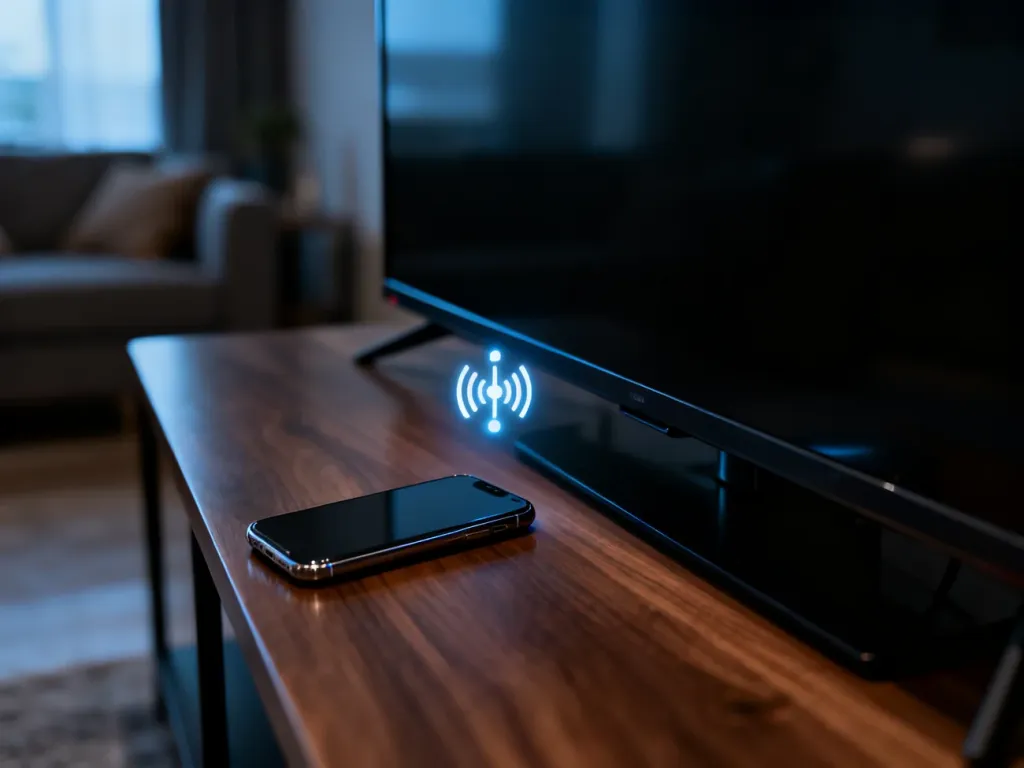 Smartfon leżący obok wyłączonego telewizora z ikoną błędu połączenia, symbolizującą problemy z funkcją screen mirroring.