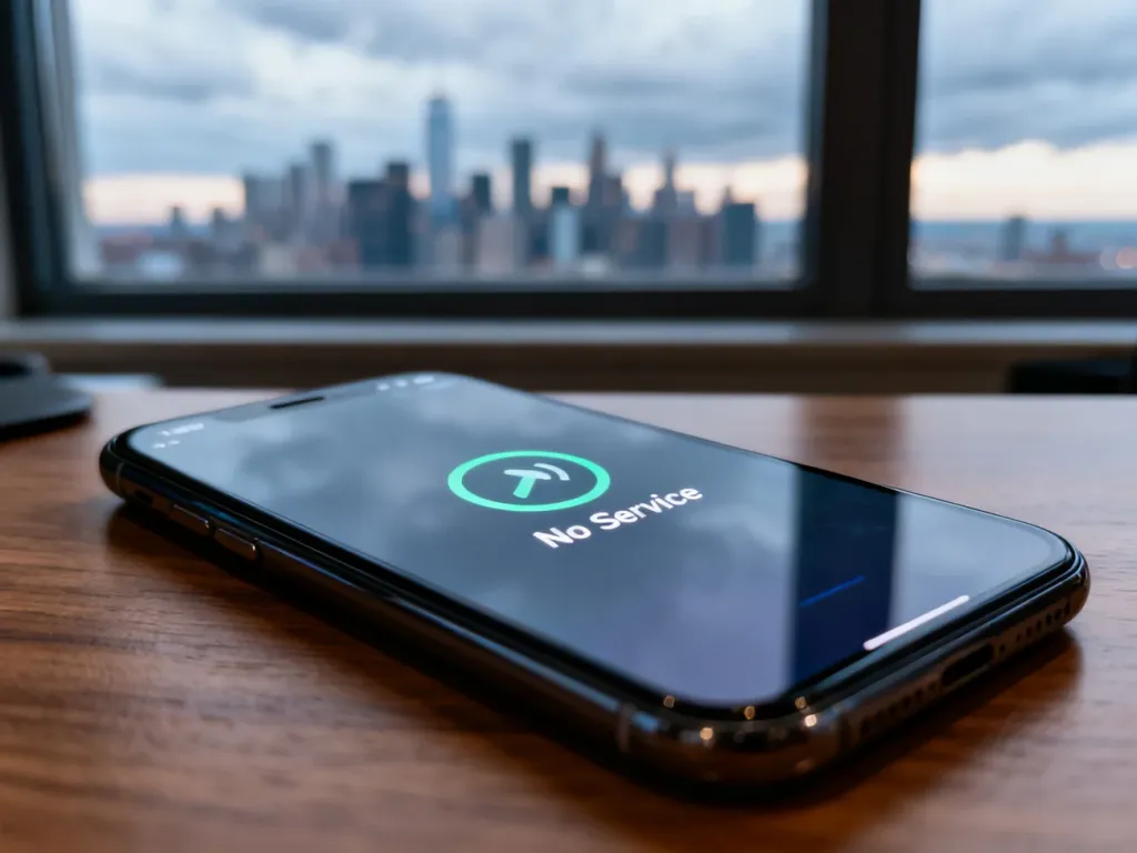 Nowoczesny smartfon leżący na biurku z widoczną ikoną braku zasięgu na ekranie.