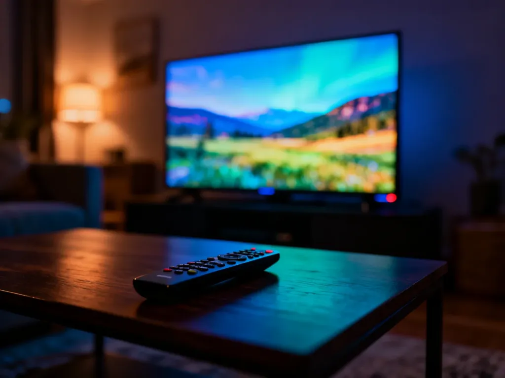 Nowoczesny telewizor 4K wyświetlający jasny, kontrastowy krajobraz w przytulnym, wieczornym salonie.