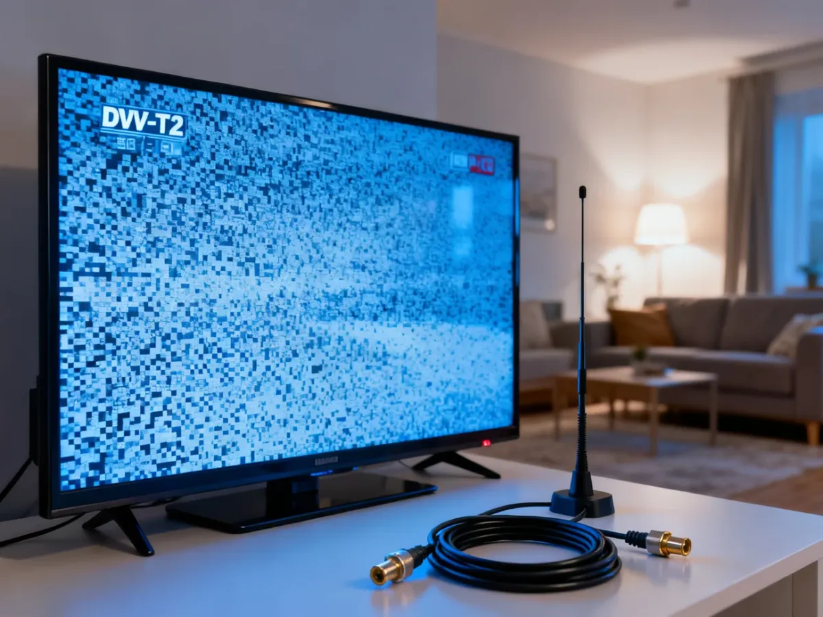 Telewizor z pikselizującym obrazem i anteną naziemną