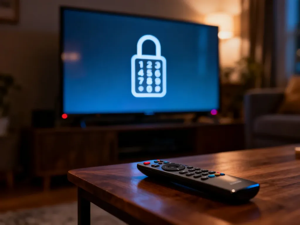 Ekran telewizora z ikoną blokady PIN oraz pilot leżący na stoliku, ilustrujące problem z odblokowaniem urządzenia.