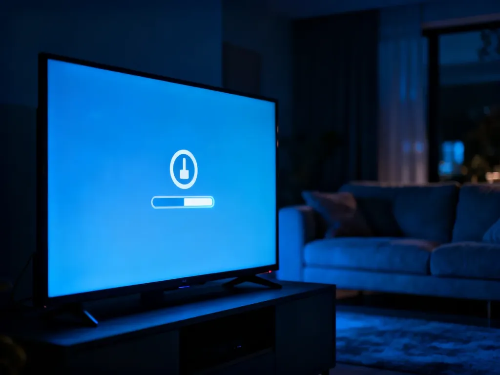 Ekran telewizora z zawieszoną ikoną ładowania w ciemnym salonie, ilustrujący problem z działaniem aplikacji YouTube.