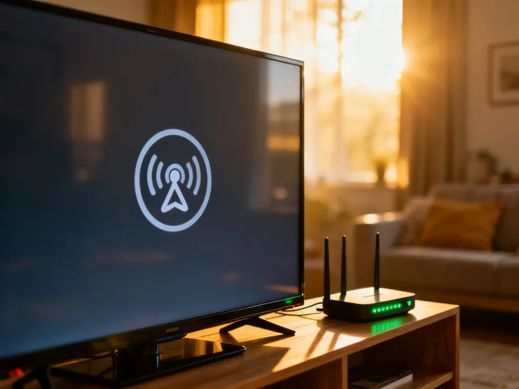 Ekran telewizora z ikoną błędu połączenia sieciowego na tle domowego routera w przytulnym salonie.