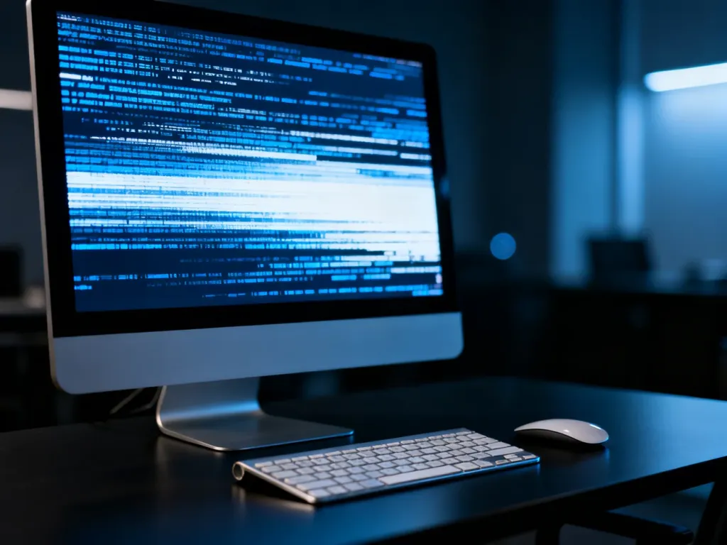 Monitor komputera z abstrakcyjnym błędem systemowym w odcieniach niebieskiego, stojący na minimalistycznym biurku.