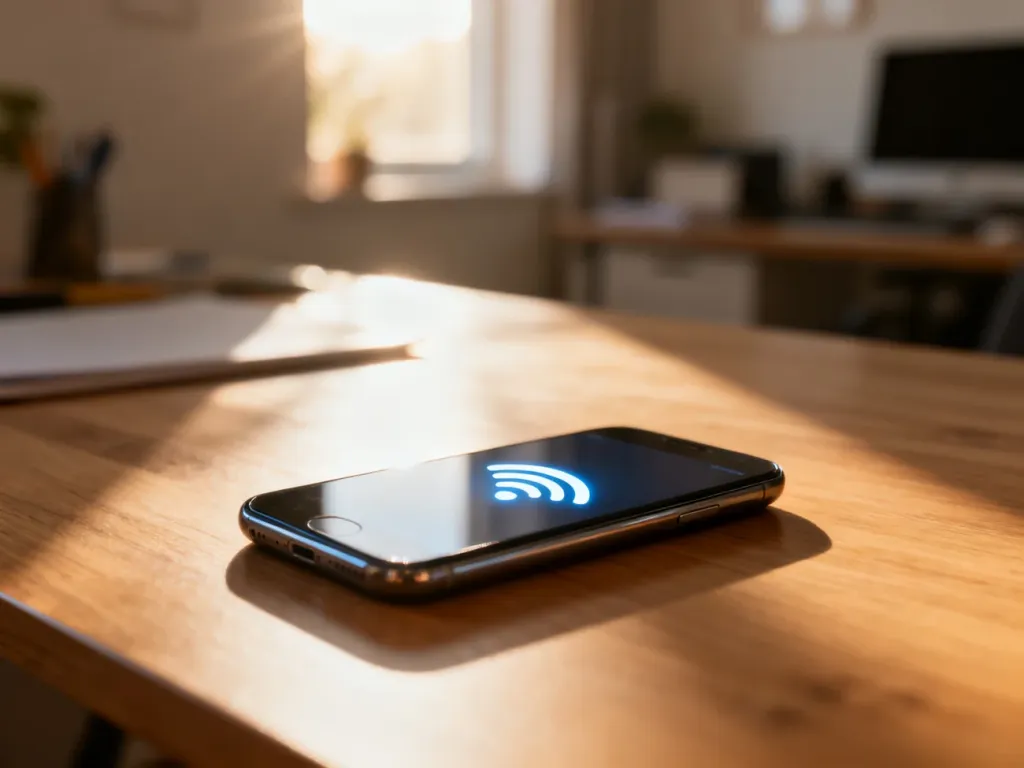 Nowoczesny smartfon z wyraźną ikoną zasięgu na ekranie, leżący na biurku w domowym biurze.