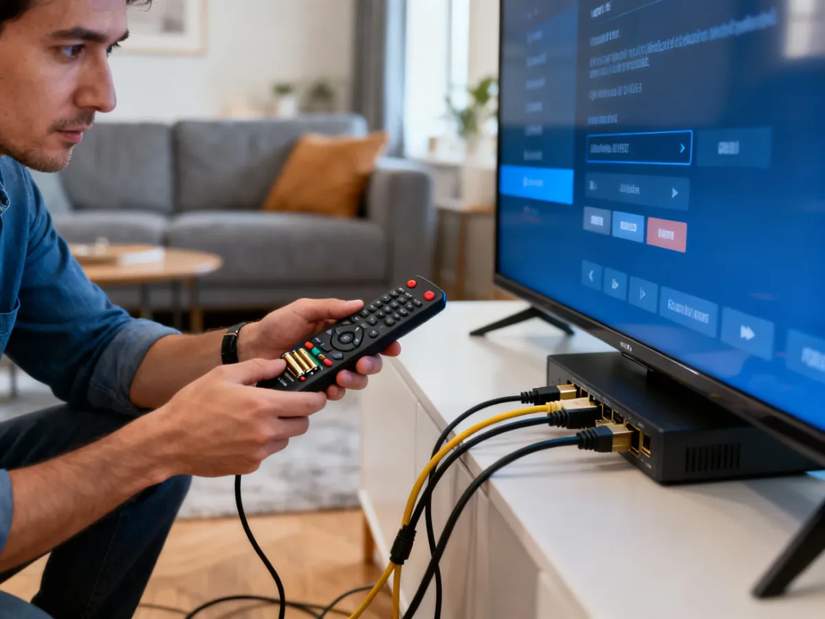 Osoba sprawdzająca telewizor, pilot i odłączone przewody HDMI