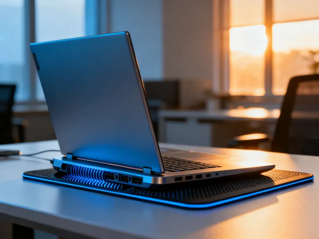 Nowoczesny laptop umieszczony na podkładce chłodzącej na minimalistycznym biurku w świetle zachodzącego słońca.