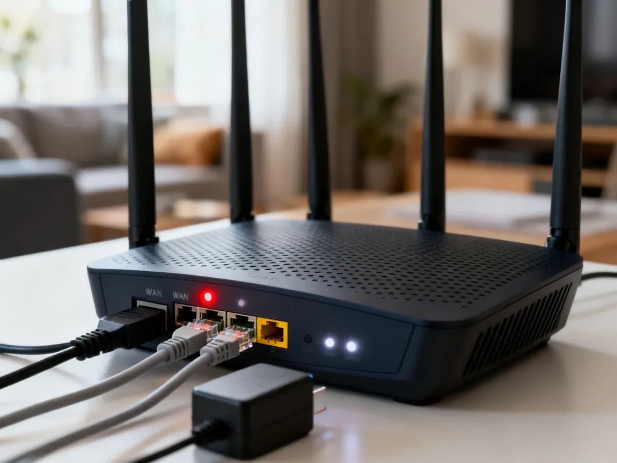 Router z widocznymi kontrolkami połączenia i podłączonymi przewodami